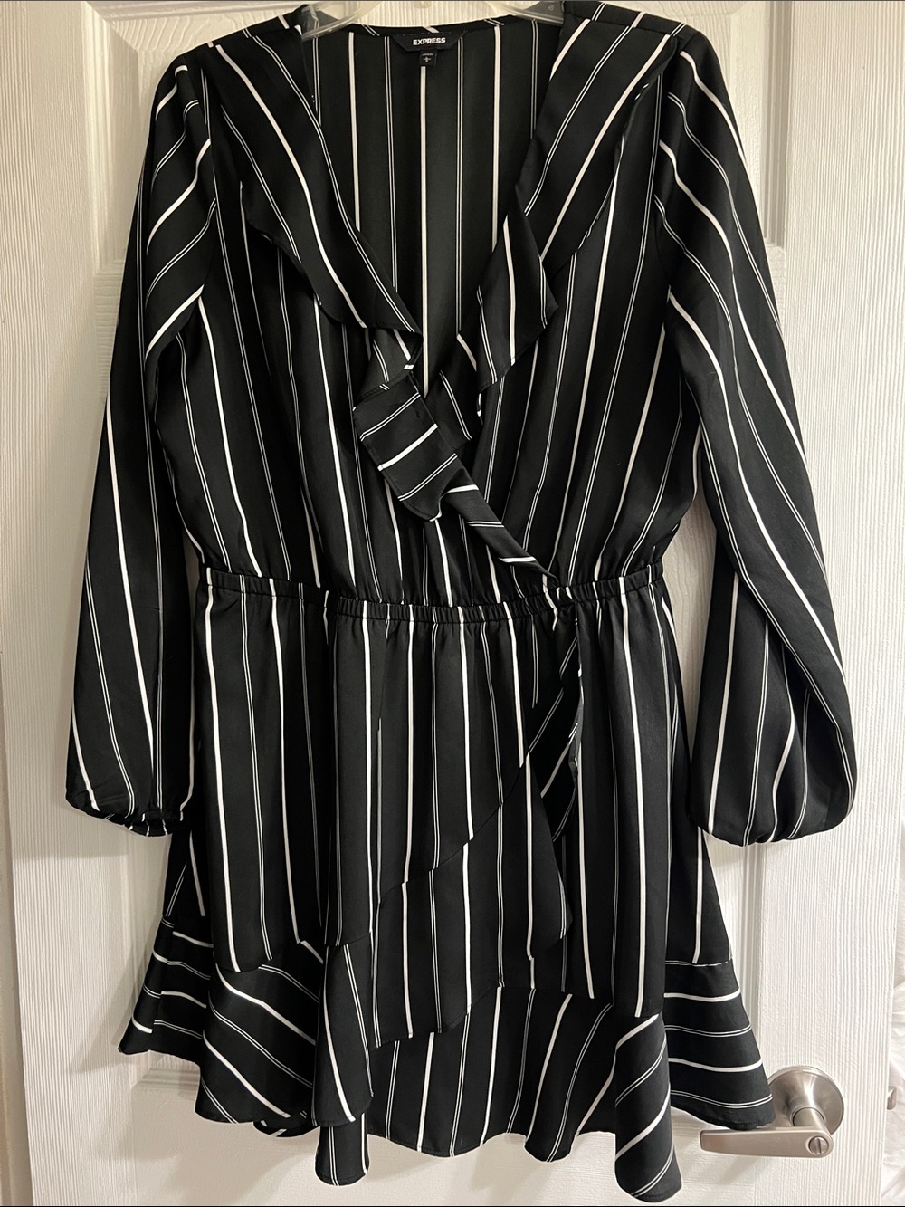 Express Black and White Striped Long-Sleeve Wrap Dress
